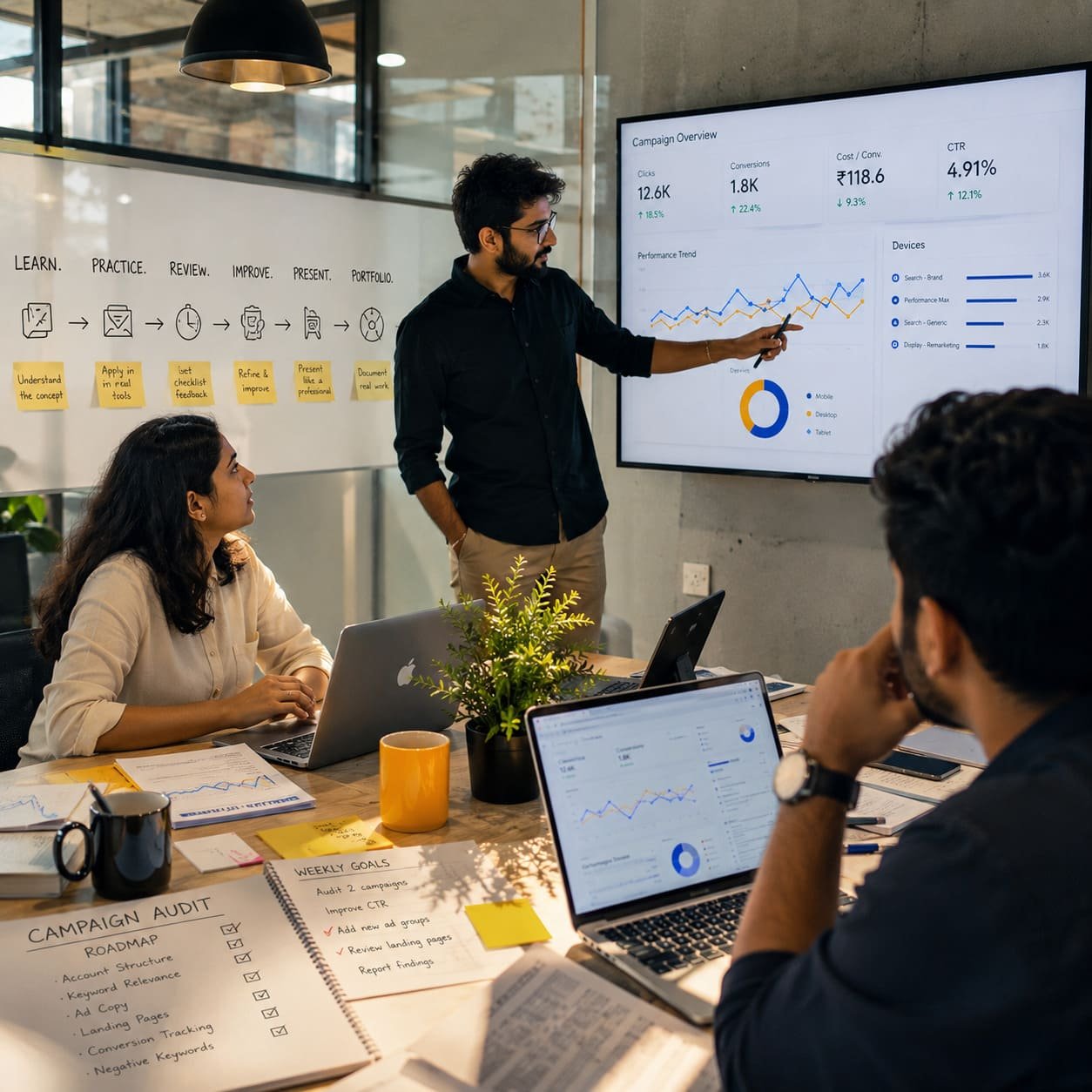 Student presenting a digital marketing project during a live review session focused on campaign analysis, feedback, improvement, and portfolio development